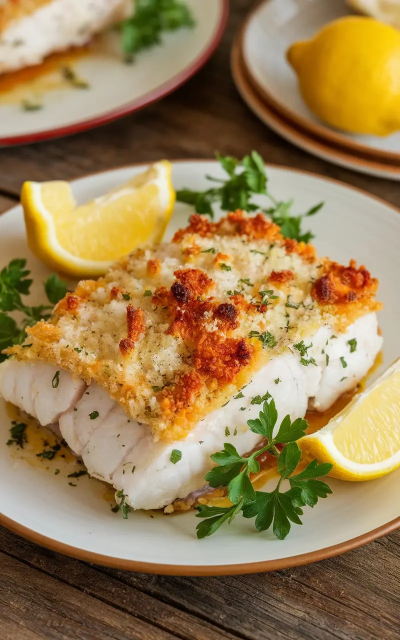 Keto baked haddock with crispy parmesan crust, garnished with parsley and lemon wedges on a rustic table.