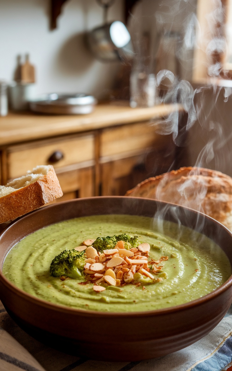 Creamy broccoli soup garnished with toasted almonds in a rustic kitchen setting.