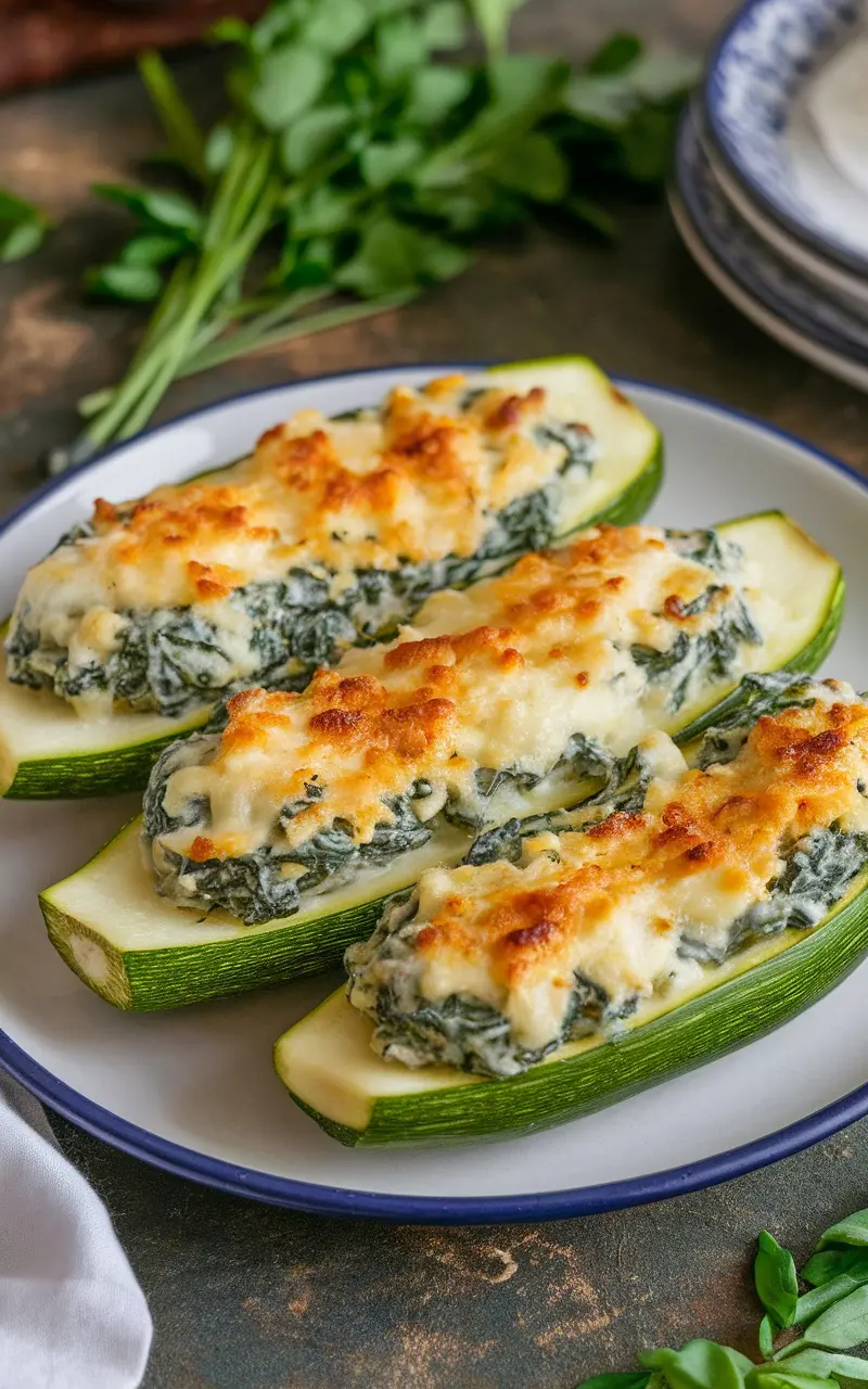 Keto Cheesy Spinach Stuffed Zucchini Boats topped with melted cheese, served on a rustic table.