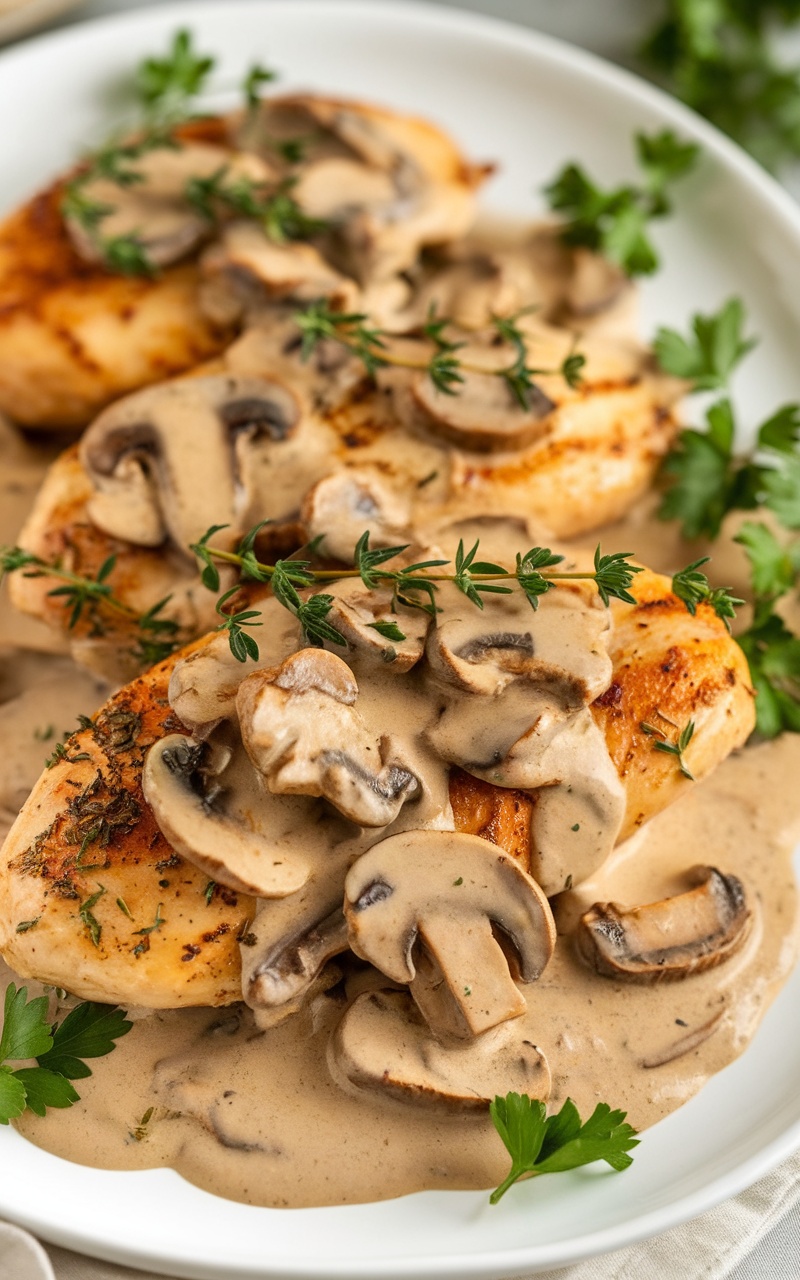 Keto Creamy Mushroom and Thyme Chicken served with a silky mushroom sauce and garnished with herbs.