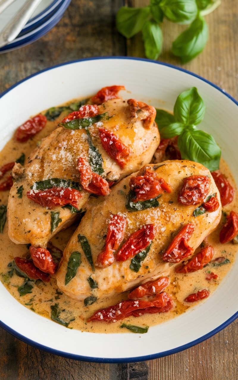 Keto creamy sun-dried tomato and basil chicken served on a plate, garnished with parmesan cheese and fresh basil.