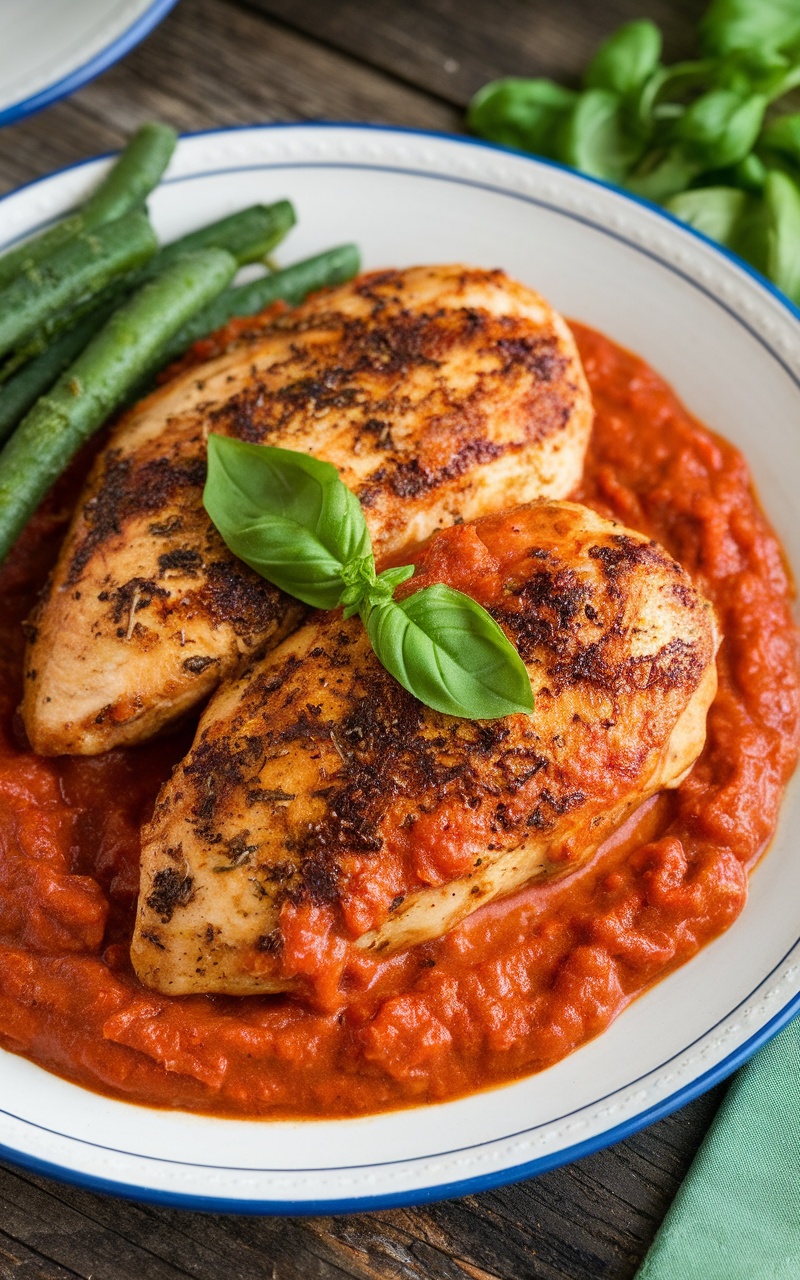 Keto Creamy Tomato Basil Chicken served on a plate, garnished with fresh basil, with a side of vegetables.