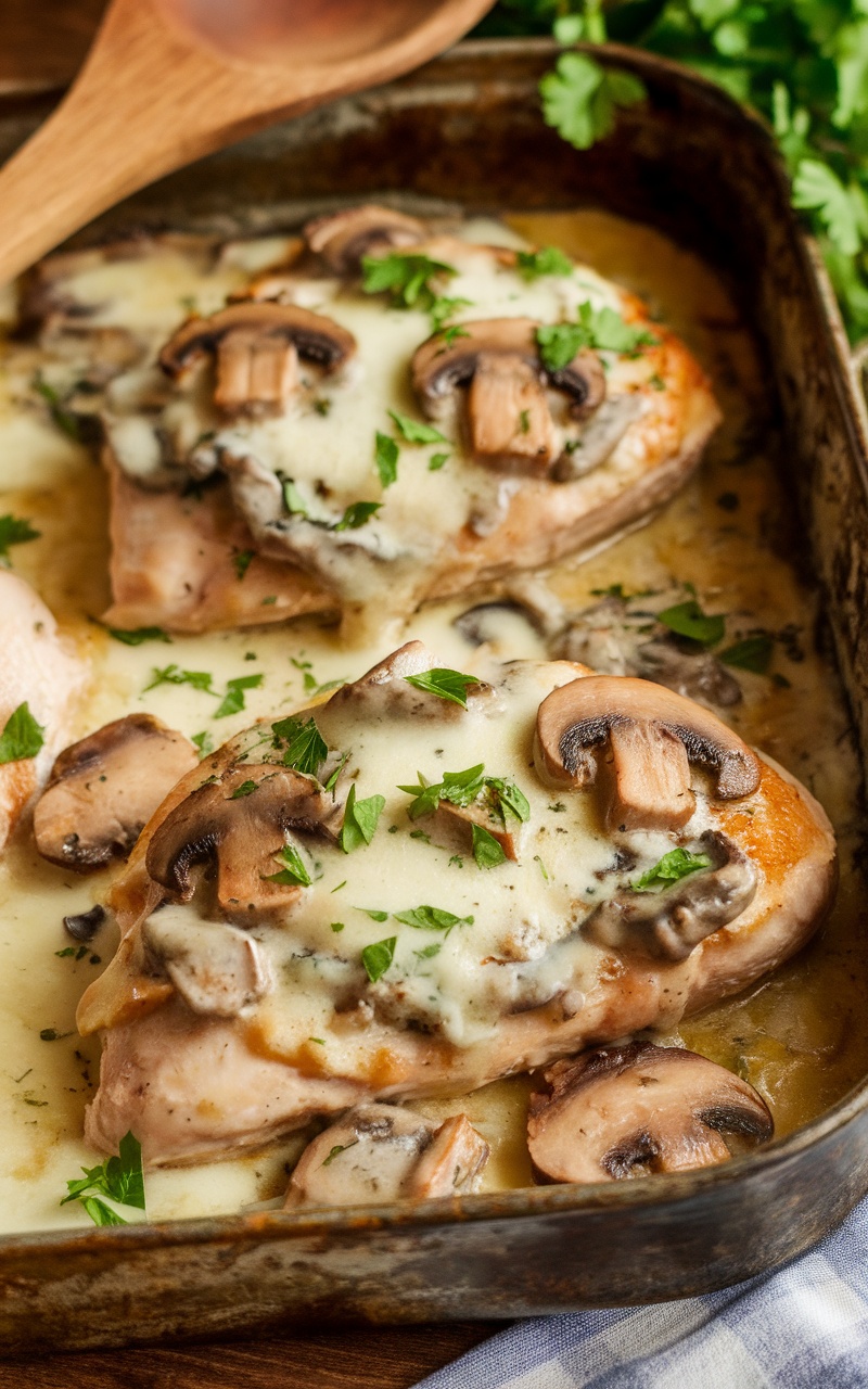 Keto Mushroom and Swiss Chicken Bake with melted cheese and mushrooms, garnished with parsley, in a rustic kitchen.