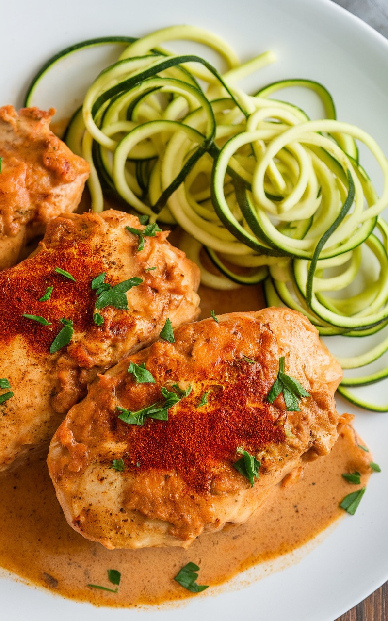 Keto creamy paprika chicken with zucchini noodles, garnished with parsley on a white plate.
