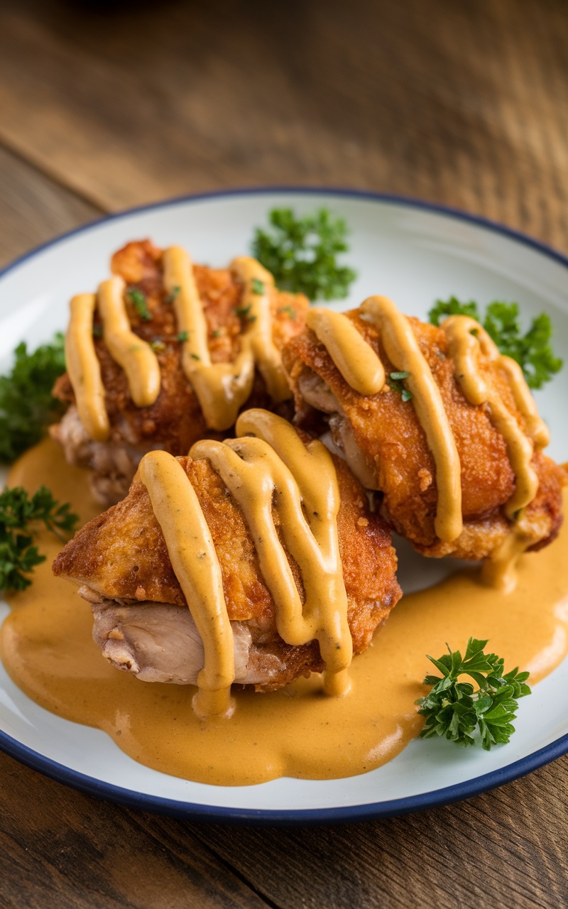 Crispy chicken thighs topped with creamy mustard sauce and garnished with parsley on a rustic wooden table.