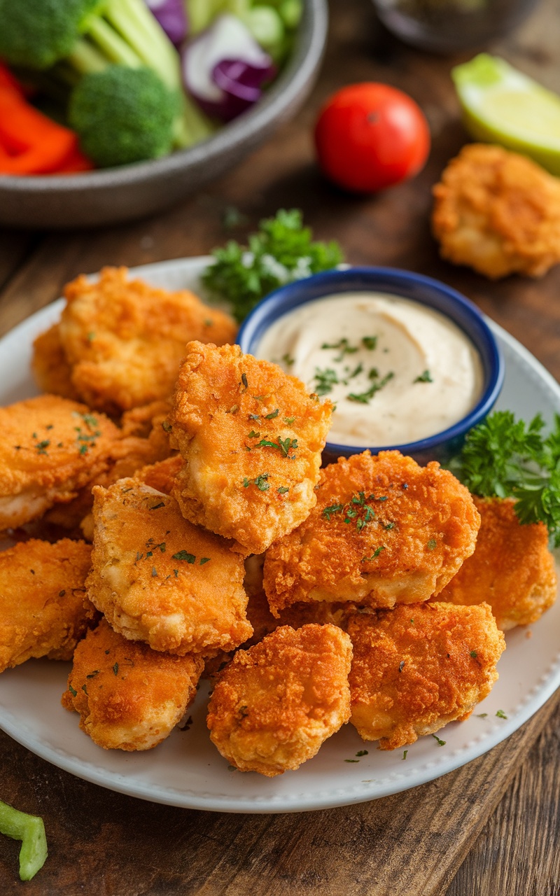 Crispy Parmesan Chicken Nuggets on a plate with dipping sauce and parsley, surrounded by fresh veggies.