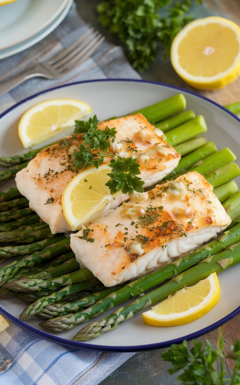 Baked haddock fillet with lemon garlic butter, garnished with parsley and lemon slices, served with asparagus.