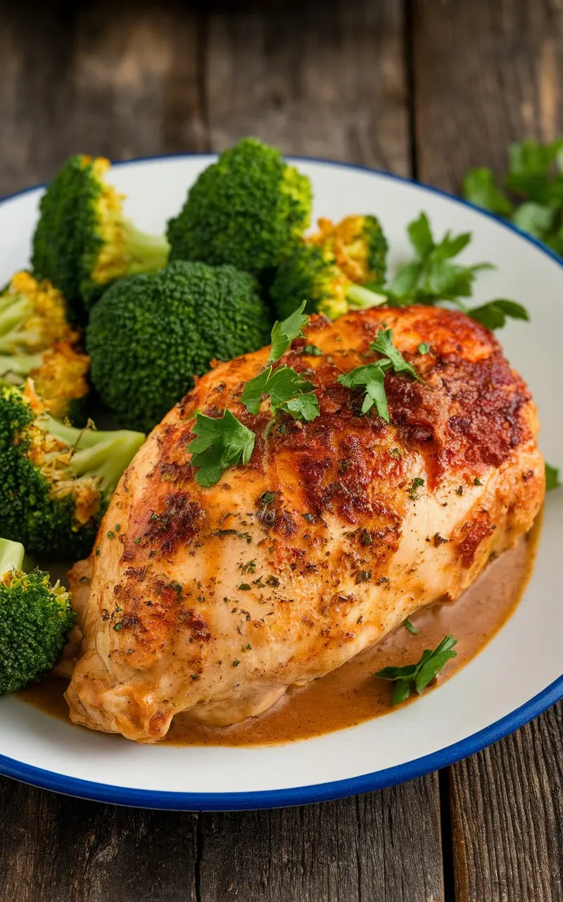 Keto creamy garlic chicken with broccoli served on a plate, garnished with fresh parsley on a wooden table.