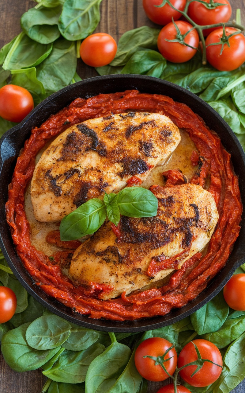Creamy Tuscan chicken skillet with sun-dried tomatoes and spinach on a wooden table.