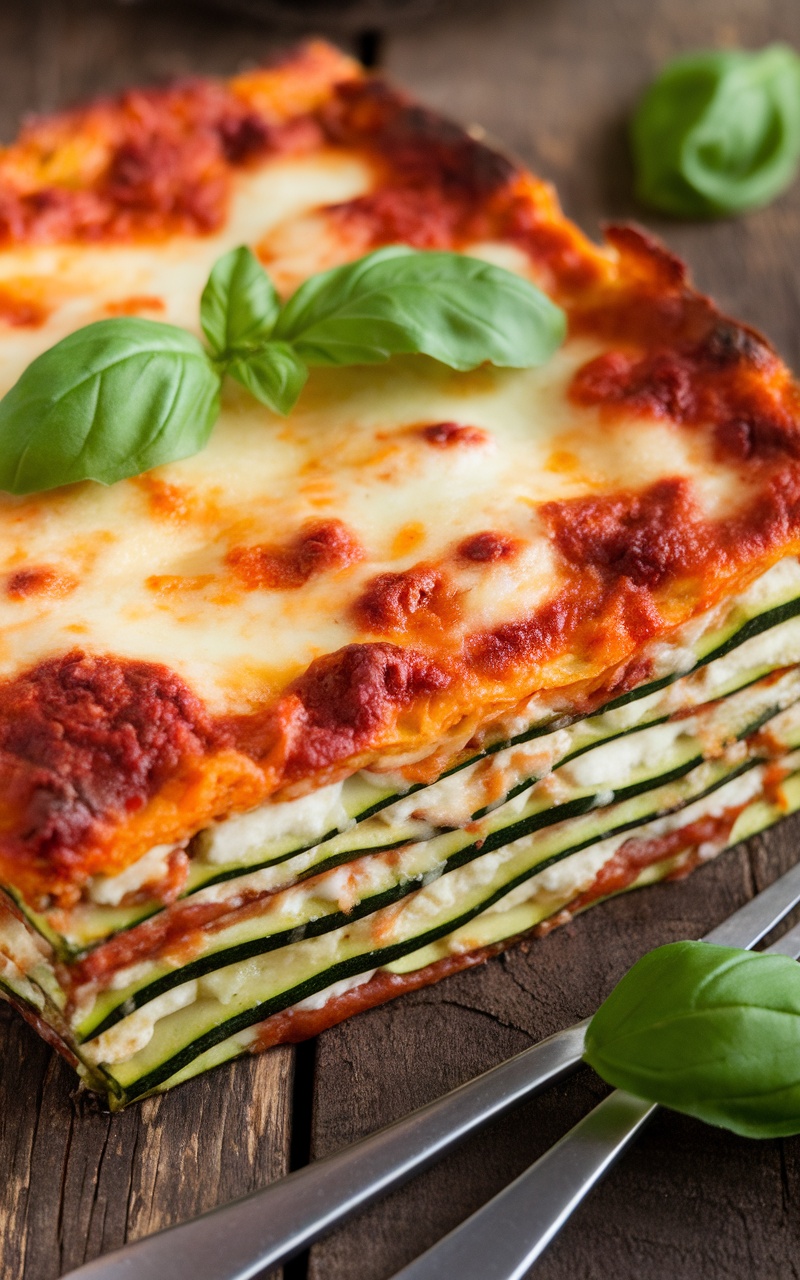 Baked zucchini lasagna with ricotta and basil, served on a wooden table, garnished with fresh basil.