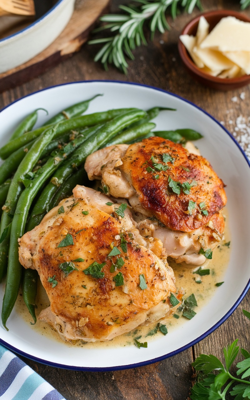 Keto creamy garlic chicken with green beans, garnished with parsley, served on a plate with Parmesan cheese in the background.