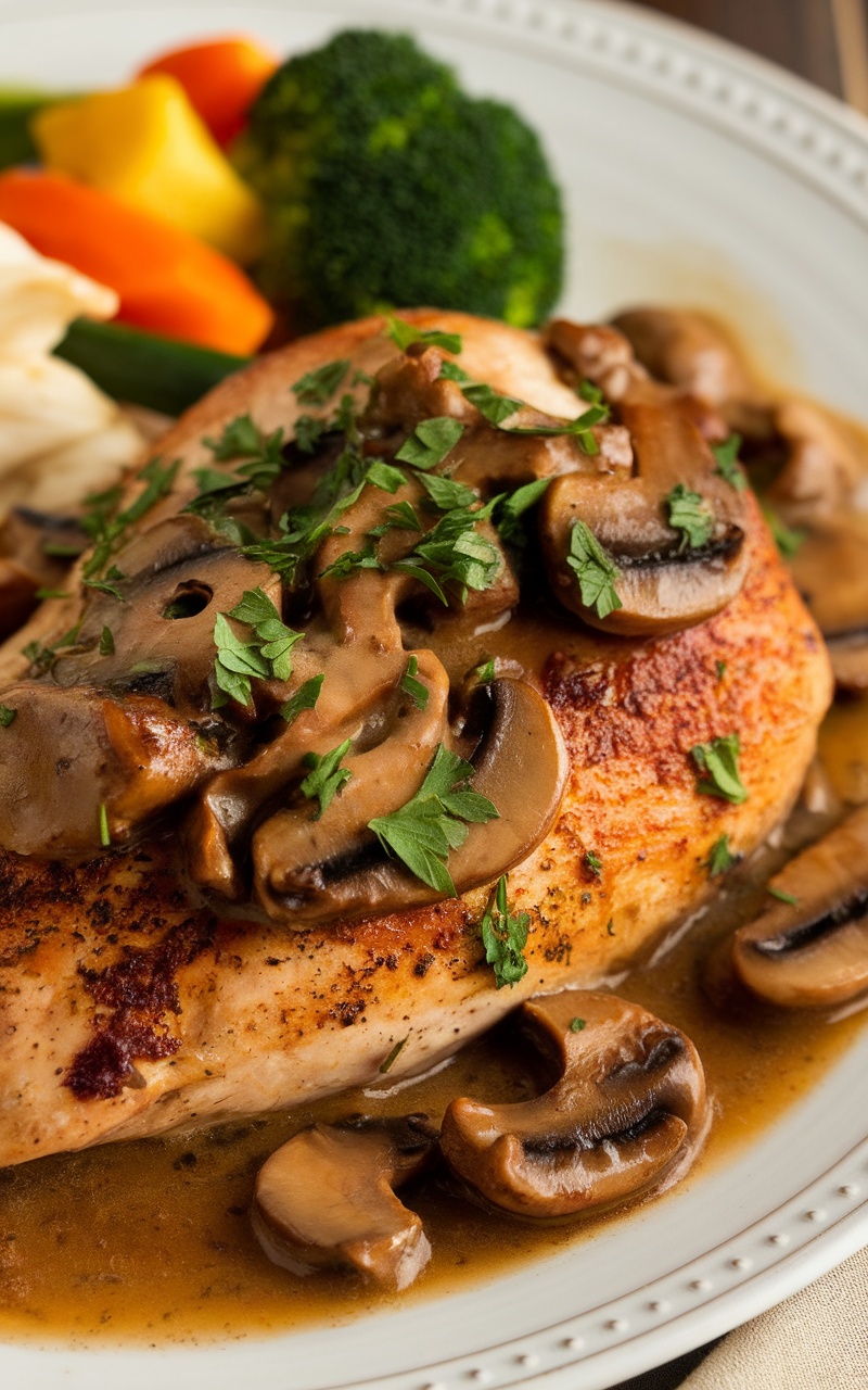 Keto Chicken Marsala on a white plate, garnished with parsley, served with vegetables.