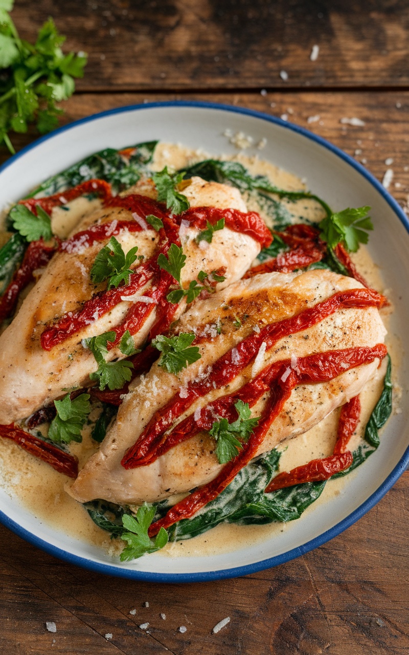 Creamy sun-dried tomato and spinach chicken served on a plate, garnished with parsley and Parmesan.