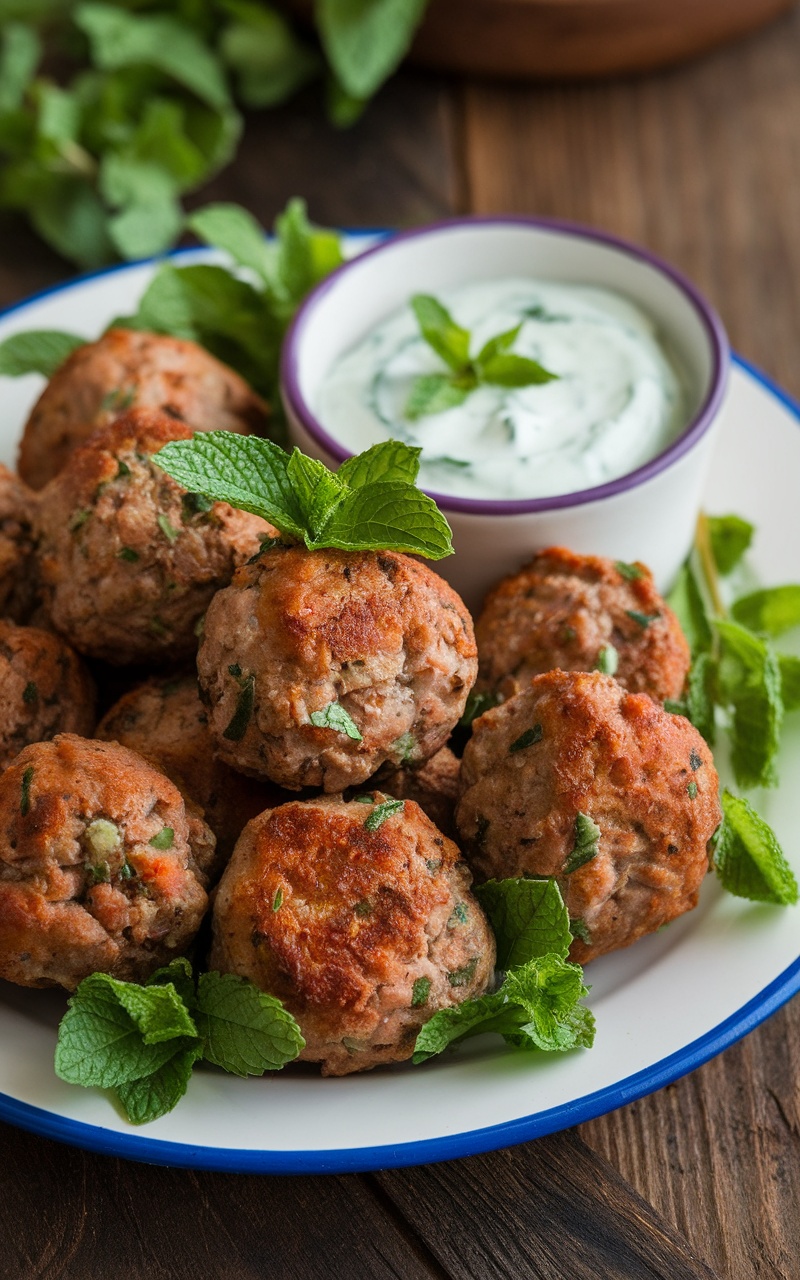 Lamb meatballs with mint yogurt sauce, garnished with fresh mint on a rustic wooden table.