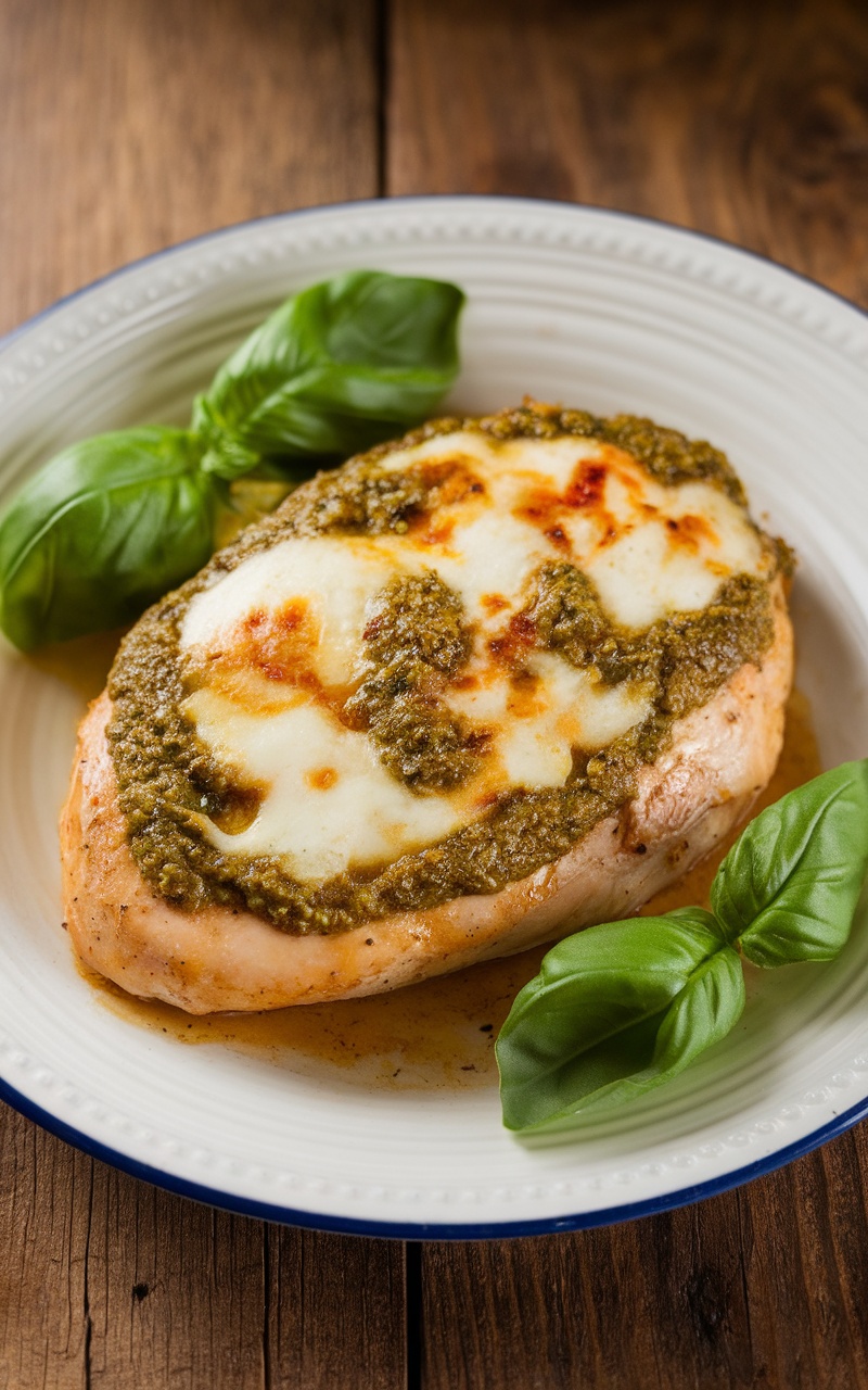 Baked pesto mozzarella chicken breast topped with melted cheese and fresh basil on a rustic wooden table.