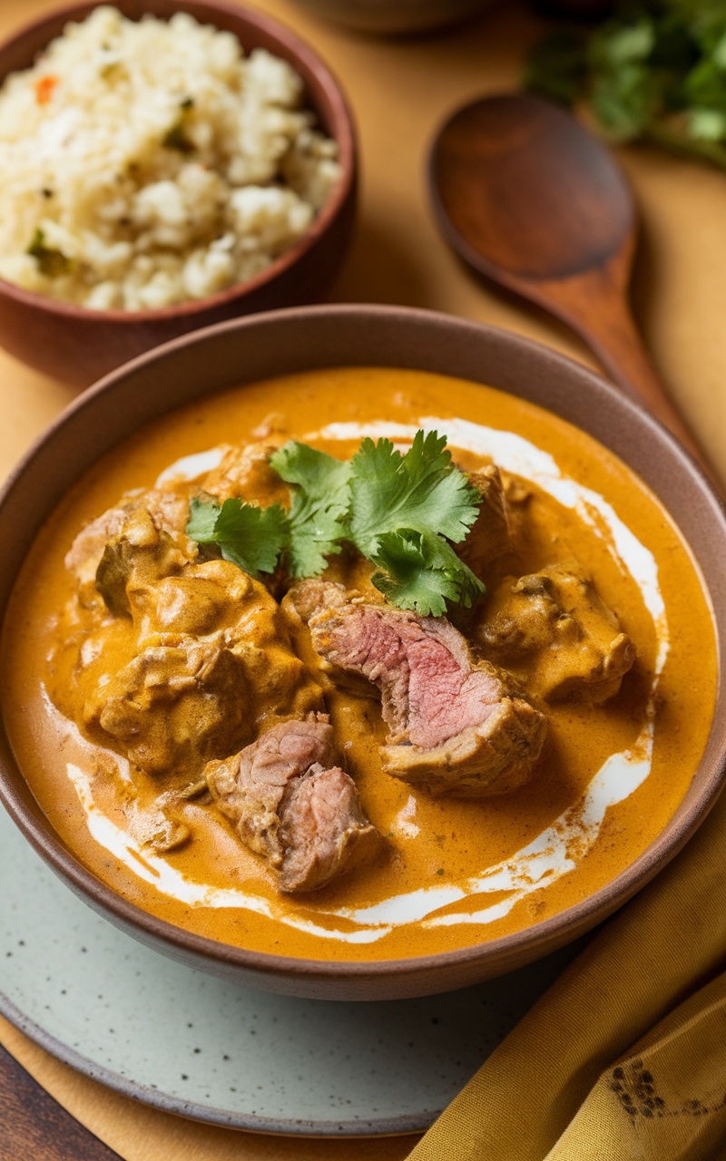 A bowl of creamy lamb curry with cilantro, alongside cauliflower rice, set against a warm background.