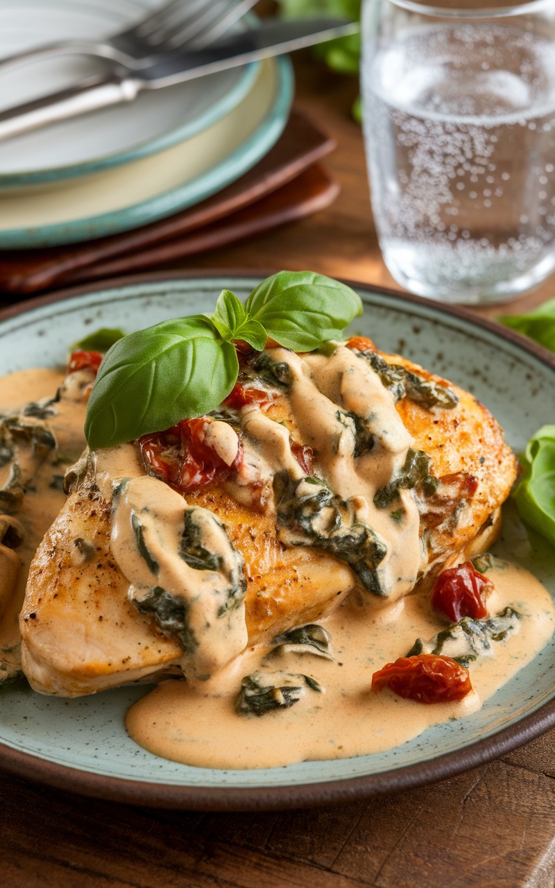Keto creamy spinach and sundried tomato chicken breast with sauce on a rustic plate.