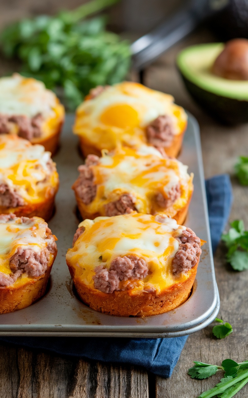 Keto Beef and Egg Breakfast Muffins on a wooden table, with herbs and avocado slices.