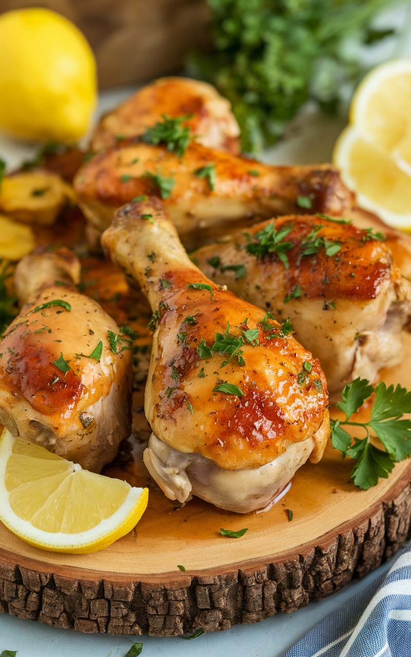 Deliciously glazed keto lemon garlic butter chicken drumsticks garnished with parsley and lemon wedges on a rustic platter.