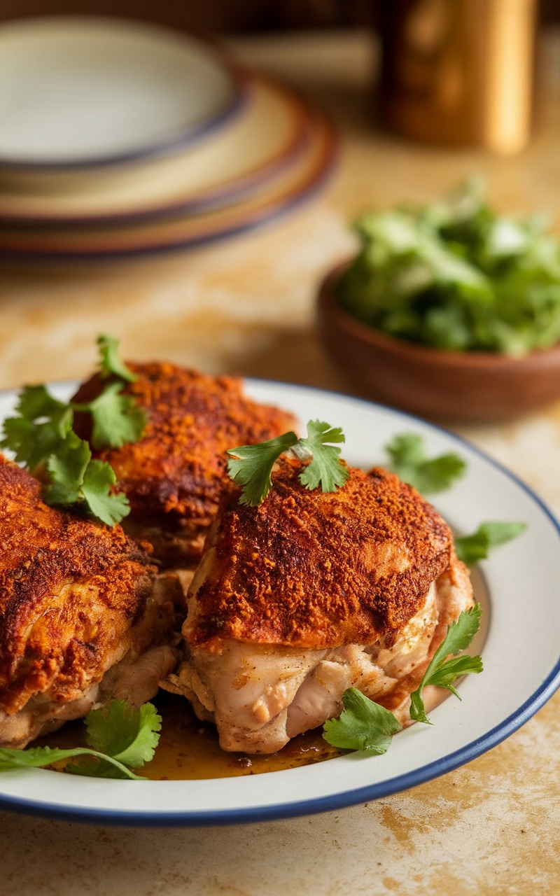 Moroccan spiced chicken thighs on a plate, garnished with herbs, served with a side salad.