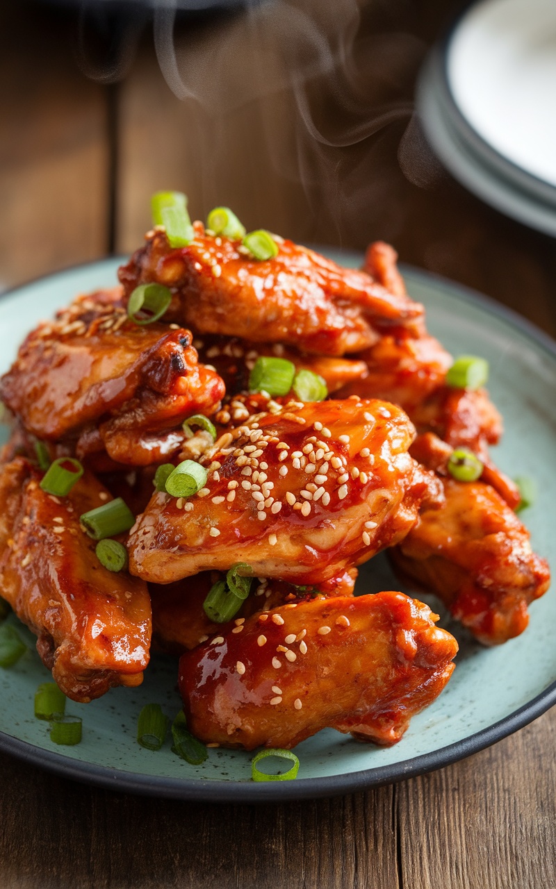 A tempting platter of spicy Korean BBQ chicken wings garnished with sesame seeds and green onions.
