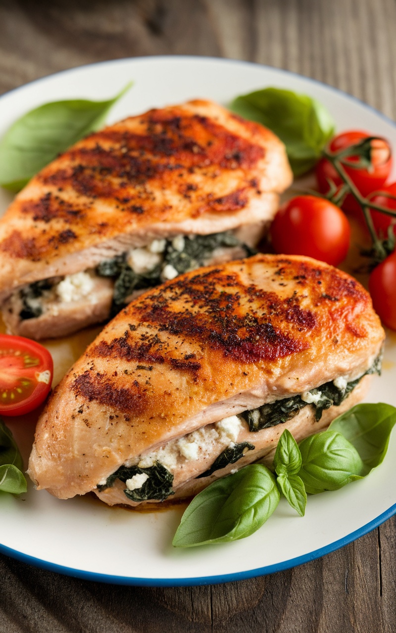 Keto Mediterranean Stuffed Chicken Breasts garnished with basil and served with cherry tomatoes.