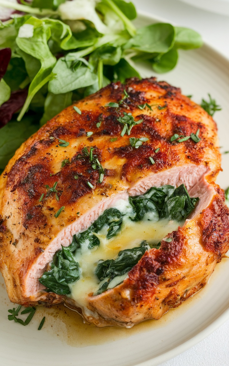 Stuffed chicken breast filled with ground beef and spinach, garnished with herbs on a plate.