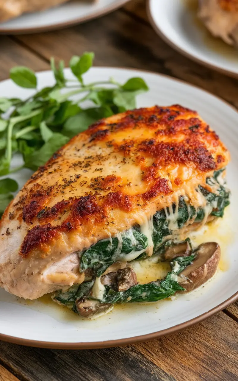 Stuffed chicken breast filled with cheesy spinach and mushrooms, garnished with herbs on a rustic wooden table.