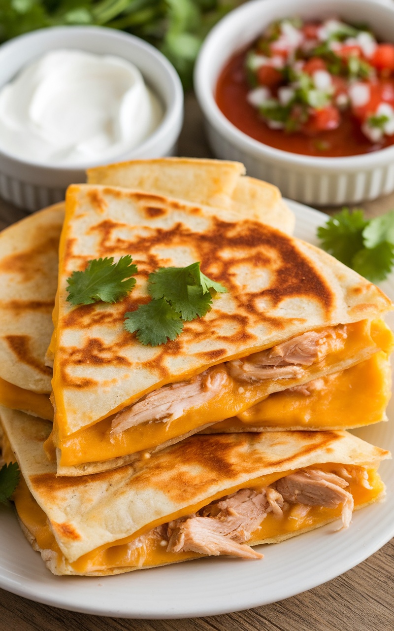 Crispy keto chicken and cheese quesadillas served with sour cream and salsa, garnished with cilantro.