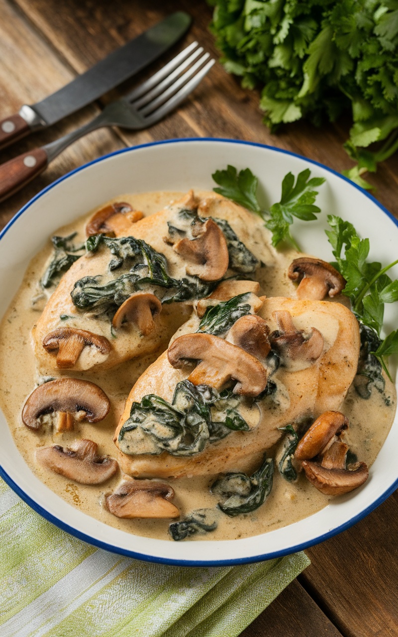 Creamy mushroom and spinach chicken served on a plate, garnished with parsley, on a rustic wooden table.