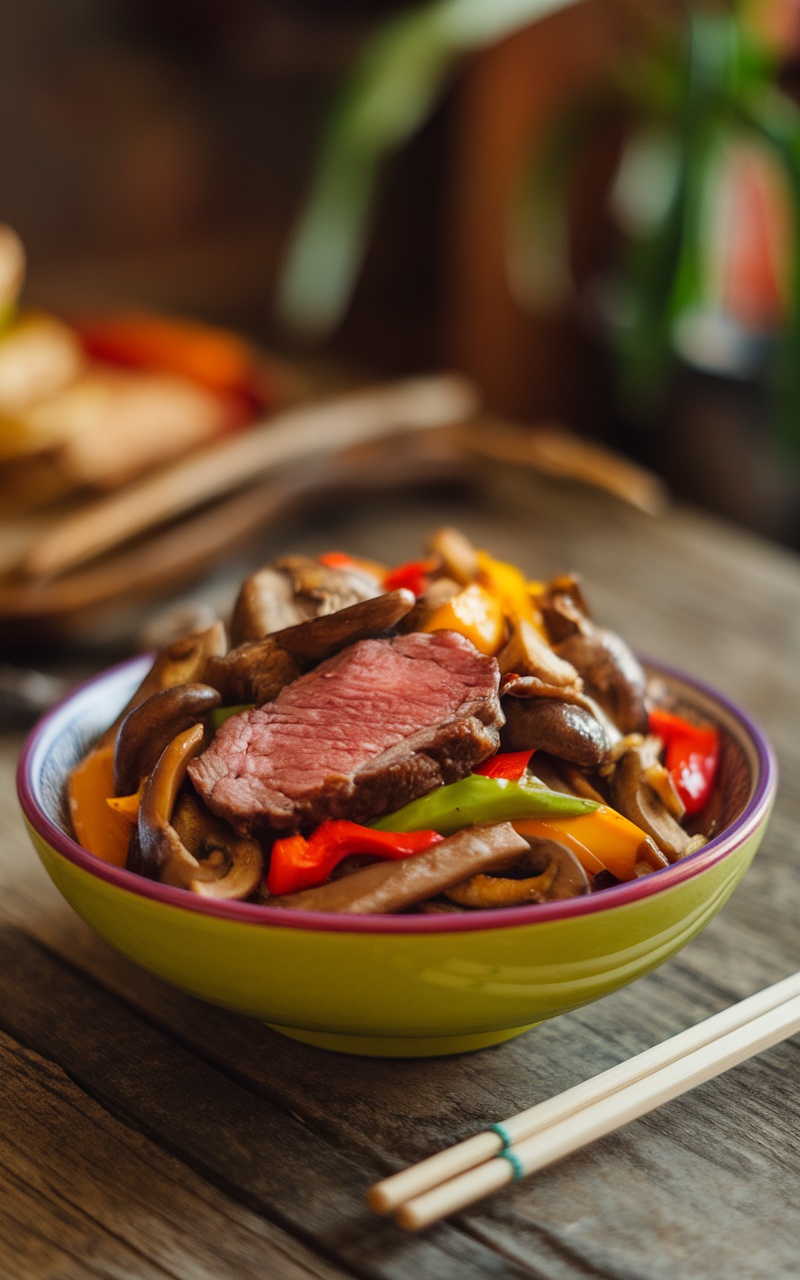 Keto-friendly lamb and mushroom stir-fry with green onions on a wooden table.