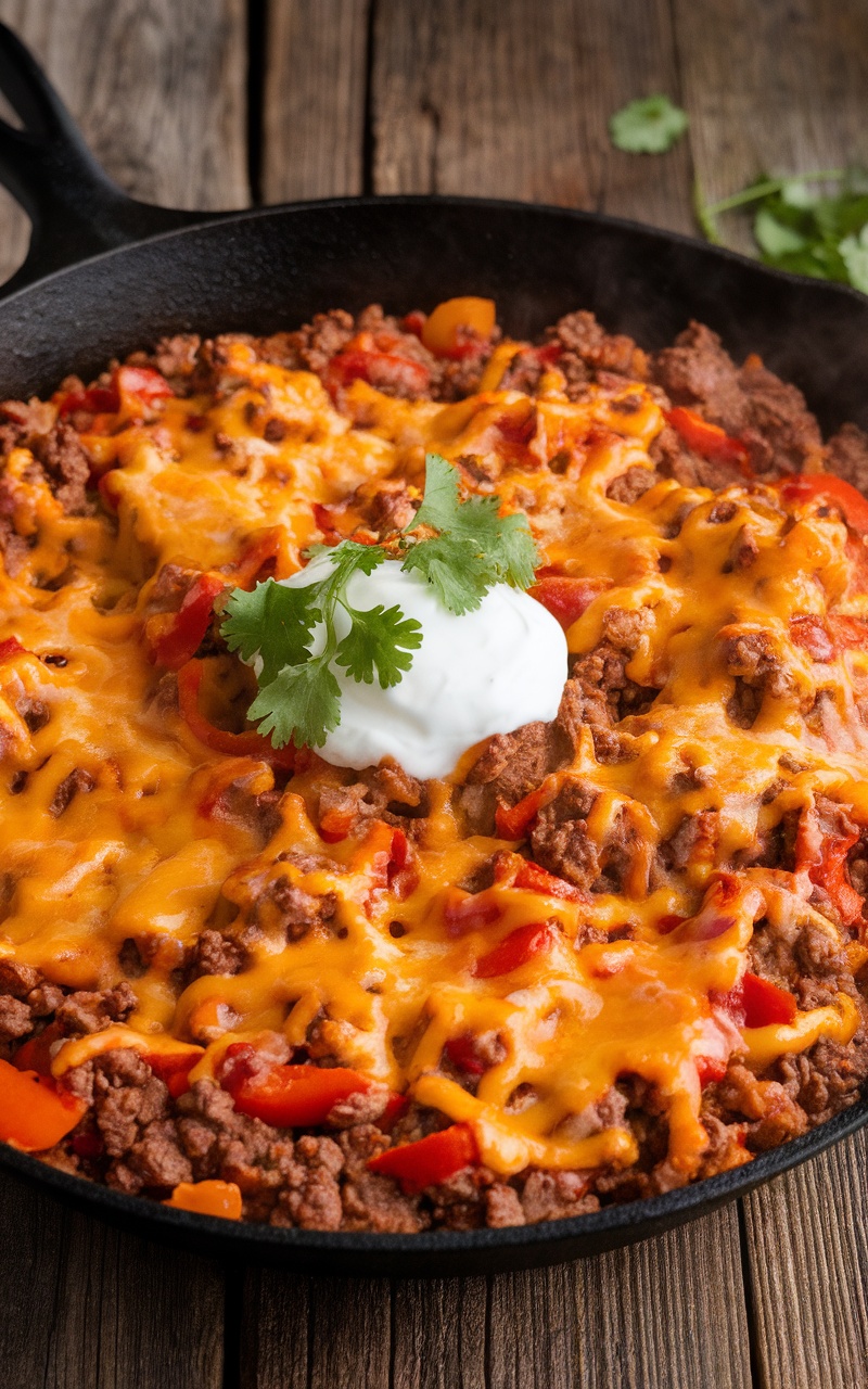 A cheesy beef taco skillet with ground beef, bell peppers, and melted cheese, garnished with sour cream and cilantro on a rustic table.
