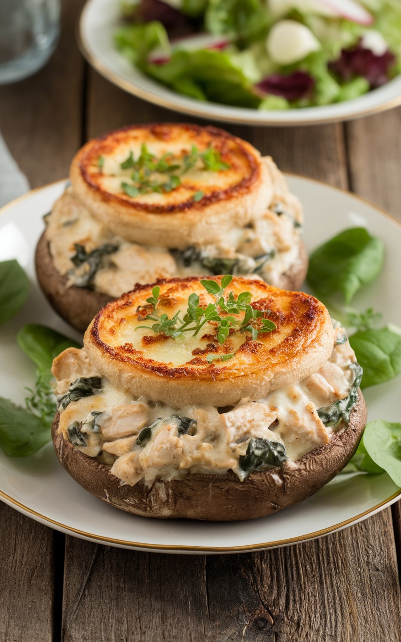 Stuffed portobello mushrooms filled with chicken, spinach, and cheese, garnished with herbs on a wooden table.