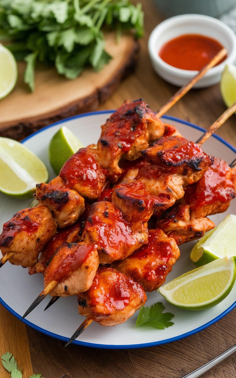 Grilled chicken skewers marinated in sriracha and lime, served with lime wedges and dipping sauce on a rustic table.