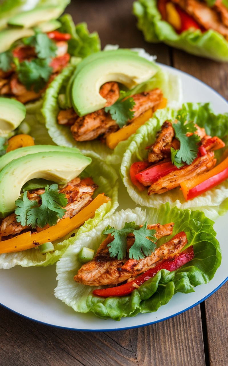 Keto Chicken Fajita Lettuce Wraps filled with chicken, bell peppers, and onions, garnished with avocado and cilantro on a rustic table.