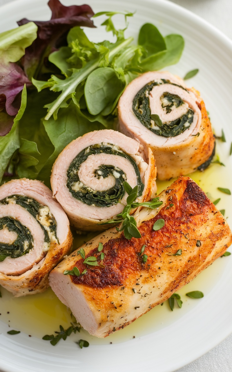 Keto stuffed chicken roll-ups with spinach and feta on a plate, garnished with herbs and served with a side salad.
