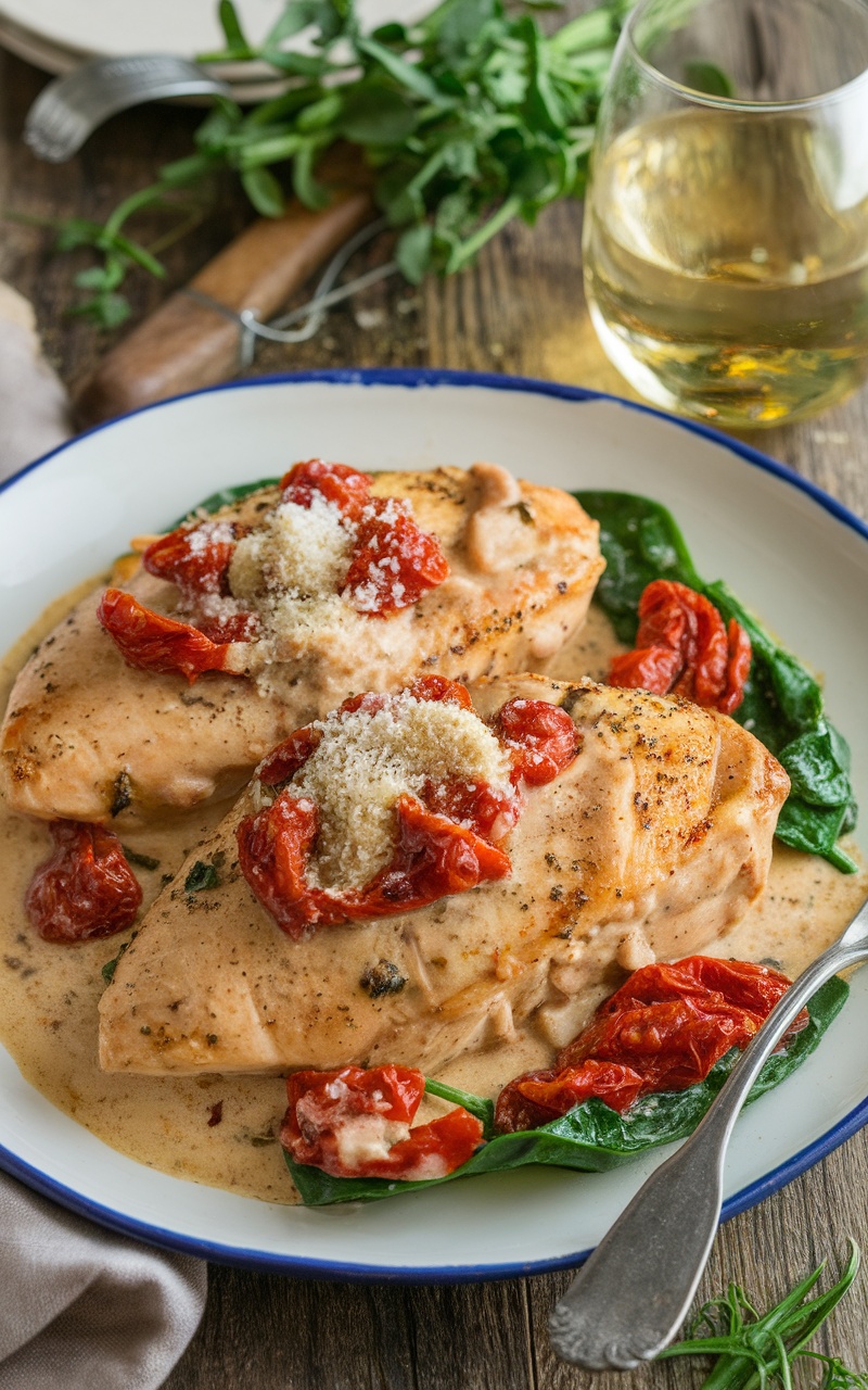Creamy Tuscan garlic chicken with sun-dried tomatoes and spinach, garnished with Parmesan cheese, served on a rustic table.
