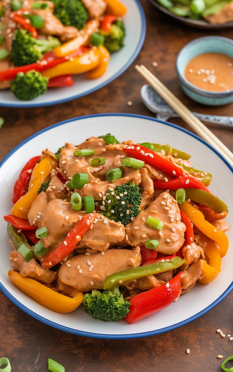 A colorful peanut butter chicken stir-fry with chicken, broccoli, bell peppers, and carrots, garnished with green onions and sesame seeds.