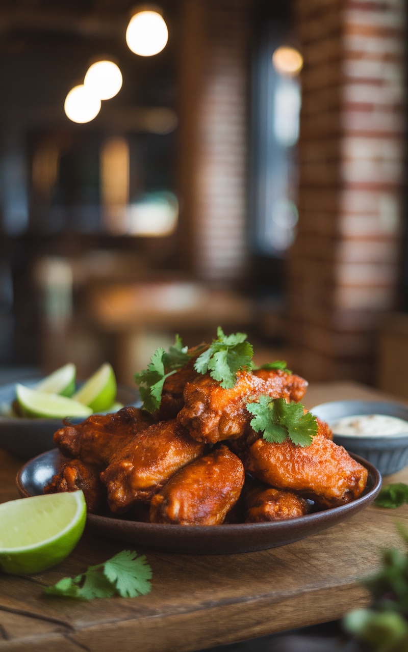 Crispy chicken wings with spicy garlic-lime sauce and cilantro on a rustic table.