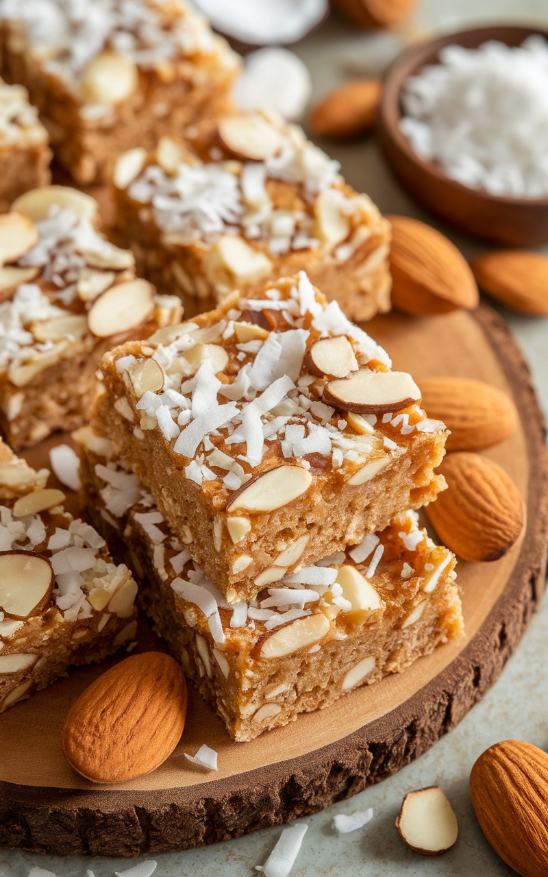 Coconut and almond keto bars on a wooden plate, garnished with coconut flakes and almonds.