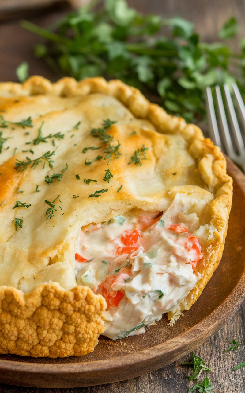 A slice of keto fish pie with cauliflower crust, revealing a creamy fish filling and vibrant veggies, served on a rustic plate.