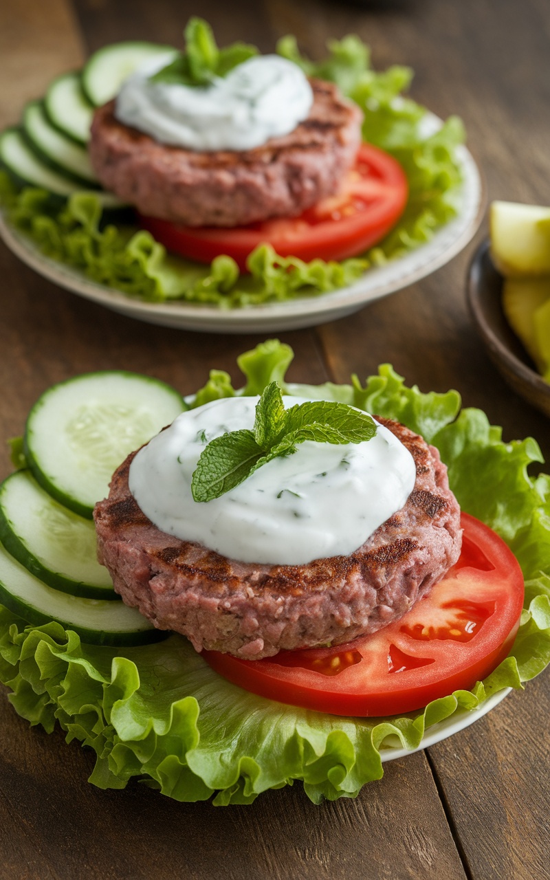 Minted lamb burgers on lettuce leaves, topped with yogurt sauce and garnished with cucumber and tomatoes.