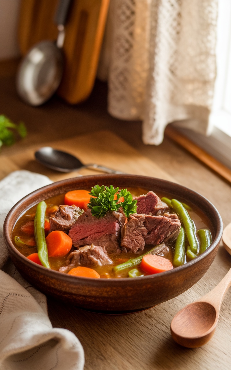 A bowl of rich keto lamb stew with vegetables, garnished with parsley, on a rustic table.