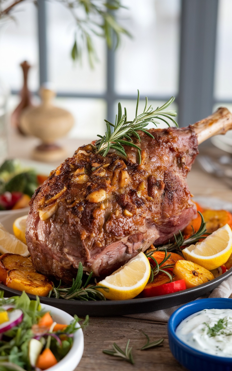 Roasted leg of lamb garnished with rosemary and lemon, served on a rustic table.