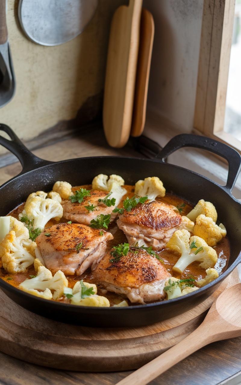 A skillet filled with garlic butter chicken and cauliflower, garnished with parsley, on a wooden table.