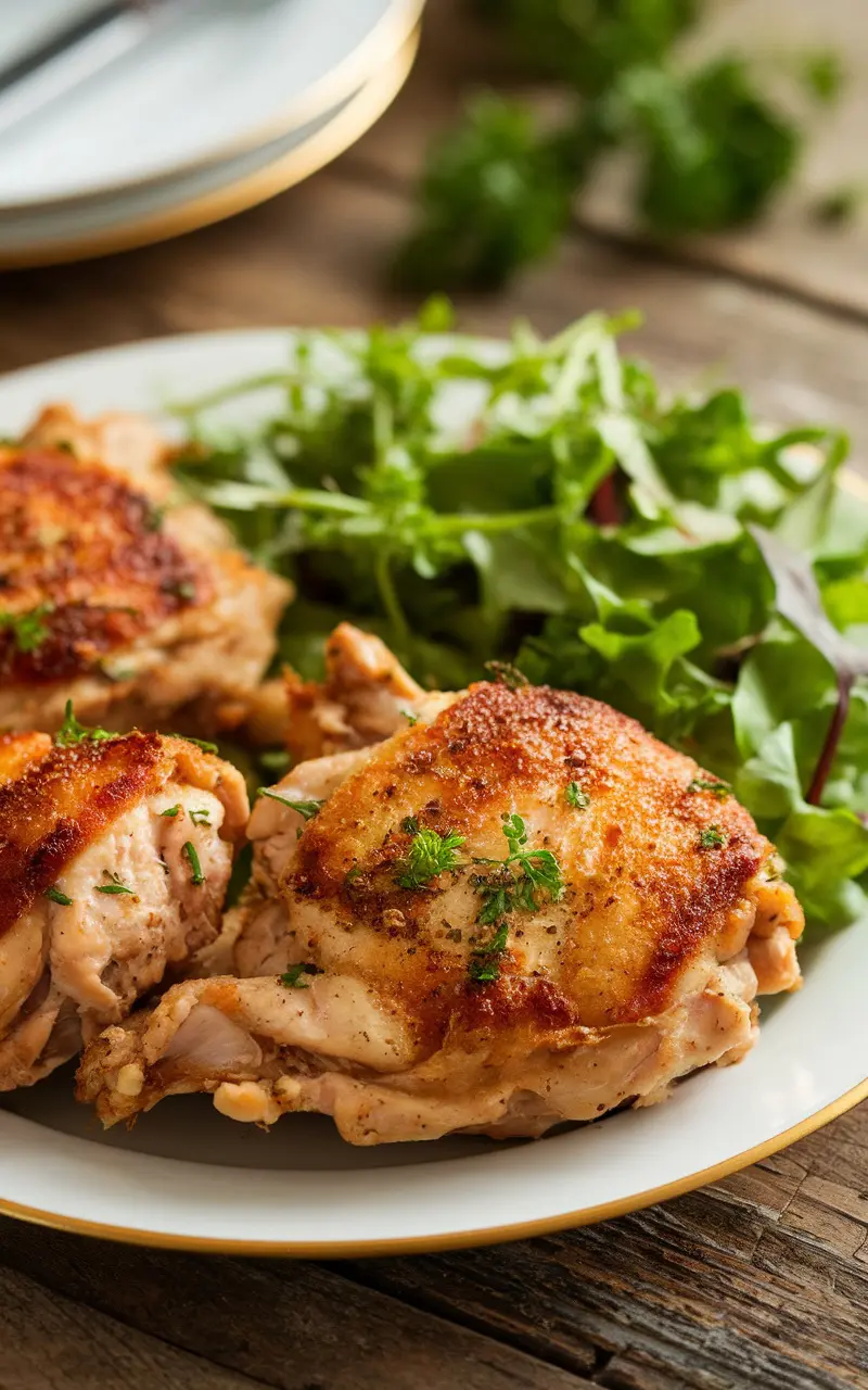 Crispy ranch seasoned chicken thighs on a plate with a fresh salad.