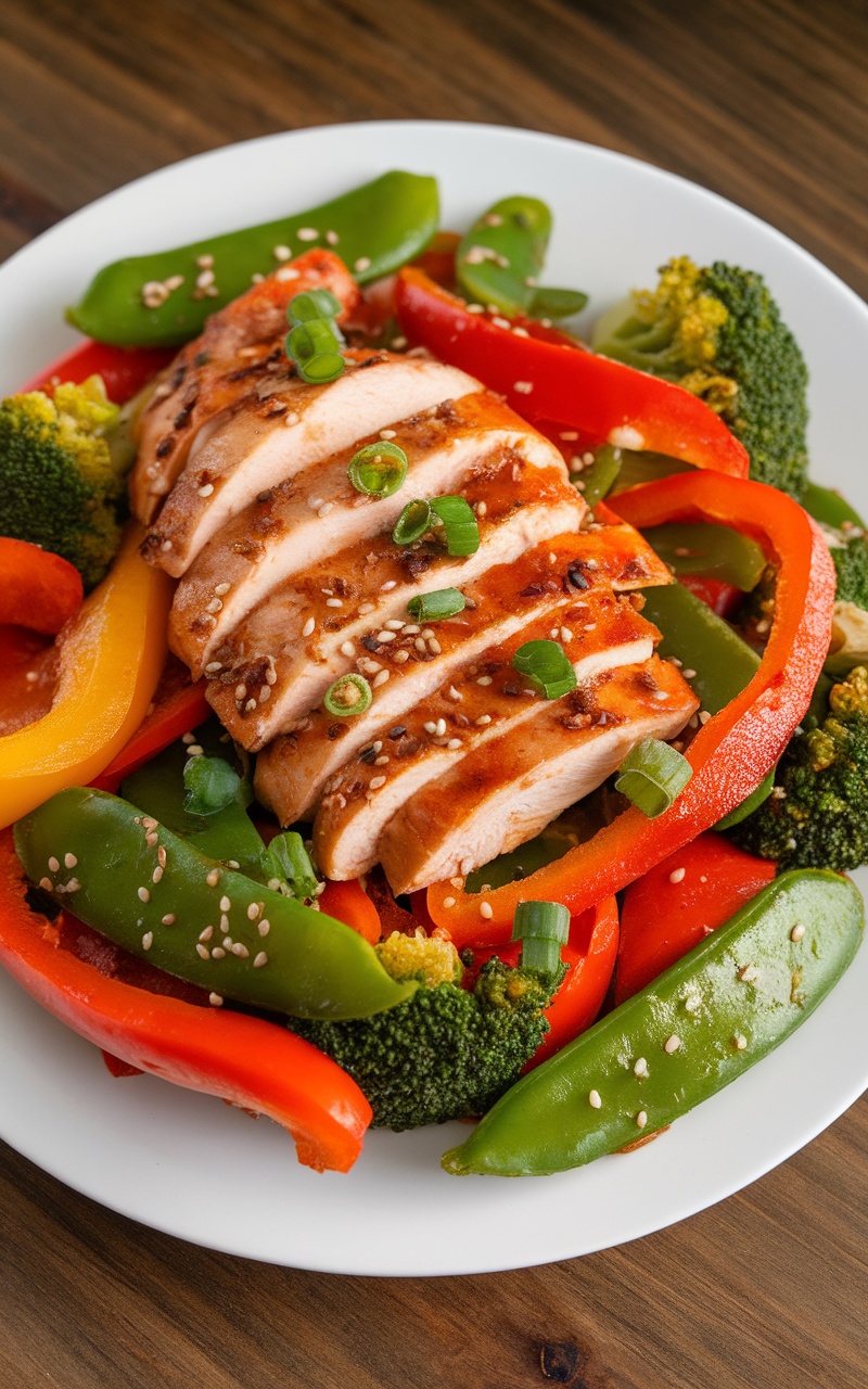 A colorful Keto Chicken Stir-Fry with chicken, bell peppers, broccoli, and snap peas, garnished with sesame seeds and green onions.