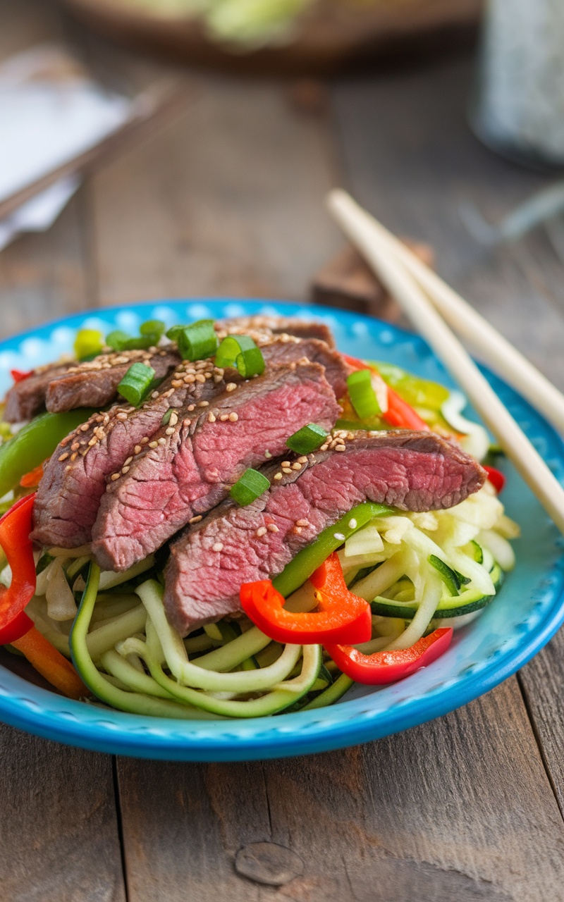 A vibrant Keto Beef and Zoodle Stir-Fry with zucchini noodles, beef, and bell peppers garnished with sesame seeds.