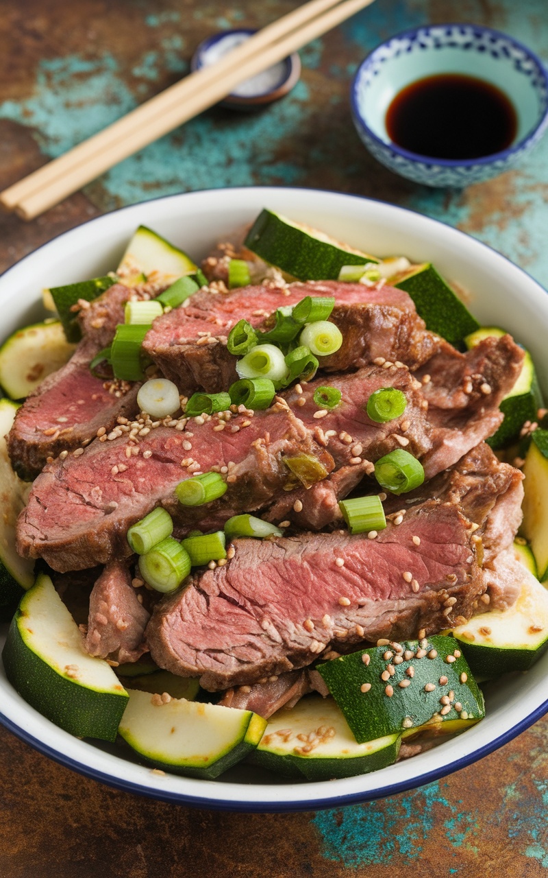 Keto-friendly stir-fry with lamb and zucchini, garnished with green onions and sesame seeds on a rustic table.