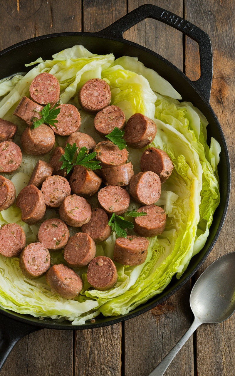 Lamb sausage and cabbage skillet, garnished with parsley on a wooden table.